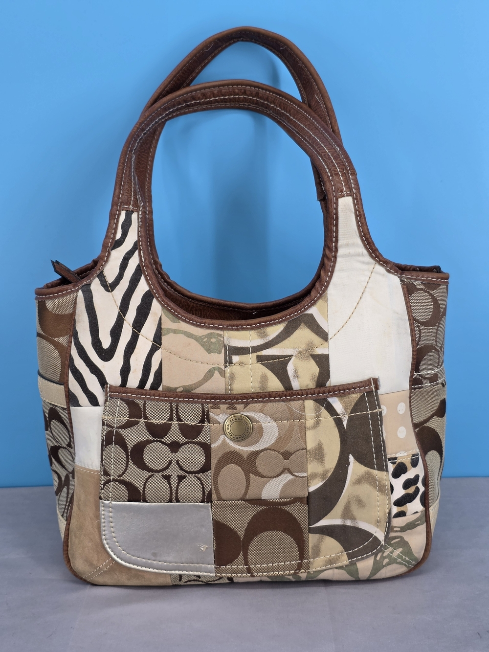 Coach Patchwork Signature Tote in Brown and Cream